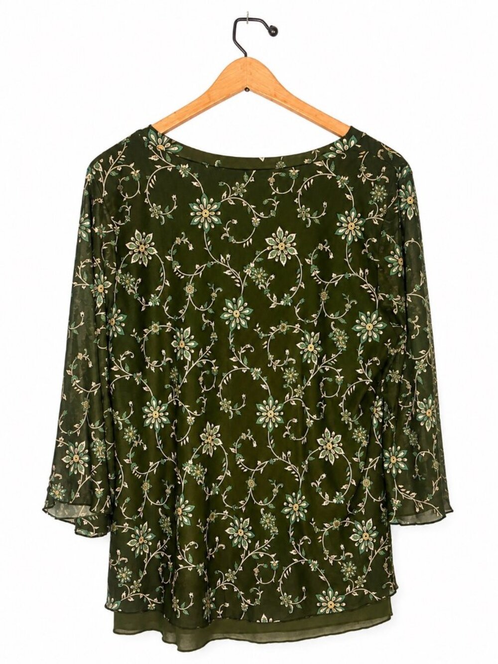 Timeson Womens Floral Green Chiffon Blouse 3/4 Sleeve L - Picture 3 of 4